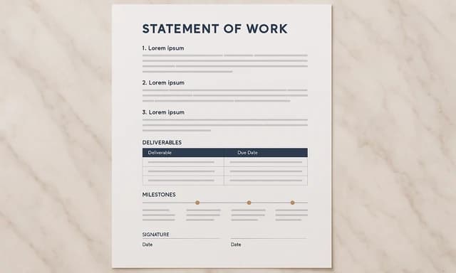 Statement of work showing deliverables, fees, and acceptance criteria