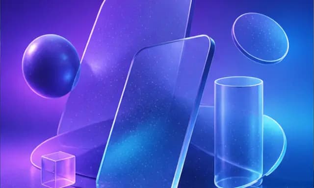 Abstract frosted-glass 3D shapes floating on a purple-to-blue gradient
