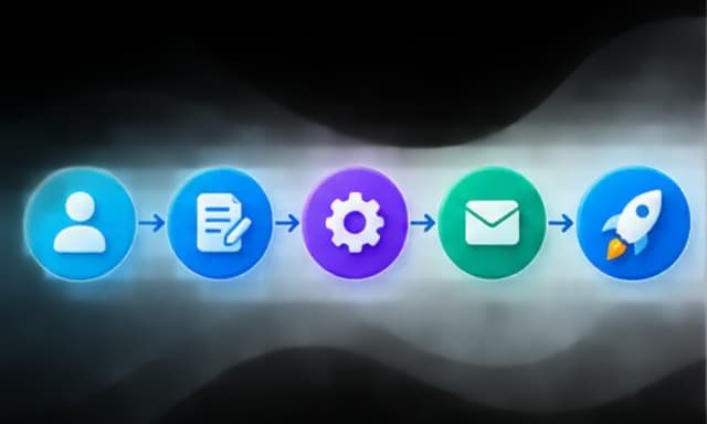 Five-step process infographic with numbered icons connected by arrows