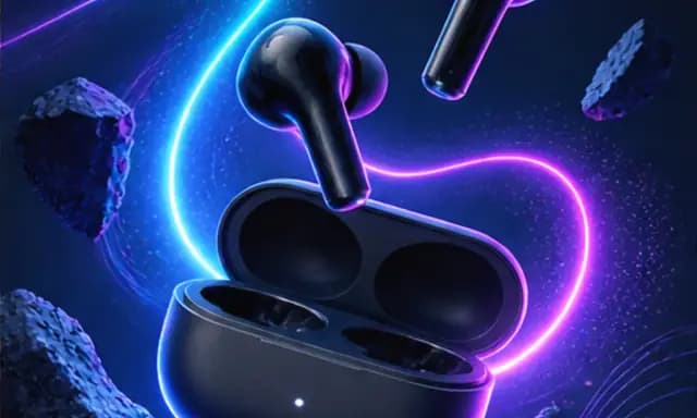 Launch graphic of wireless earbuds floating on a dark background with a neon glow