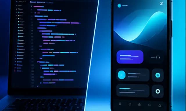 YouTube thumbnail with code on the left and a finished app on the right
