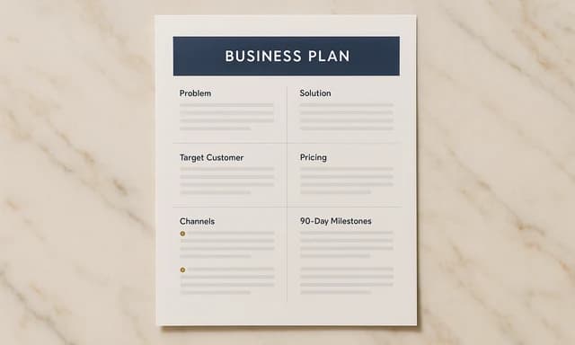 One-page business plan with problem, offer, and 90-day milestones