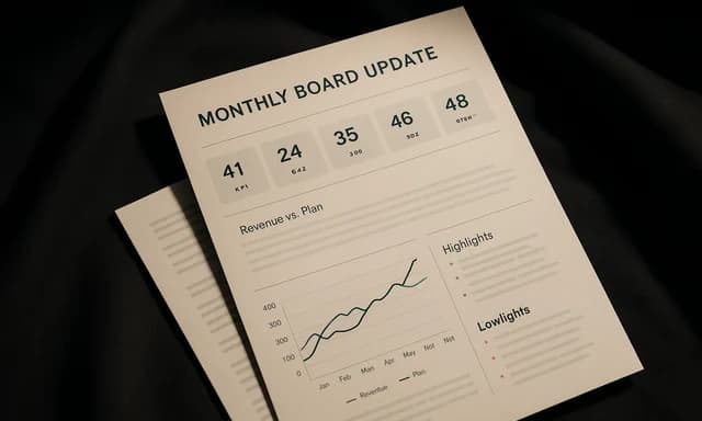 Monthly board update slides with KPIs and cash