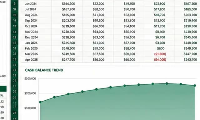 Finished SaaS cash-flow spreadsheet showing monthly balances and a cash trend chart