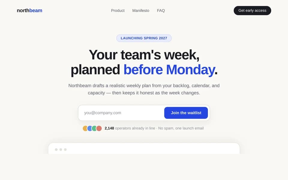 Waitlist landing page with an email capture and product teaser